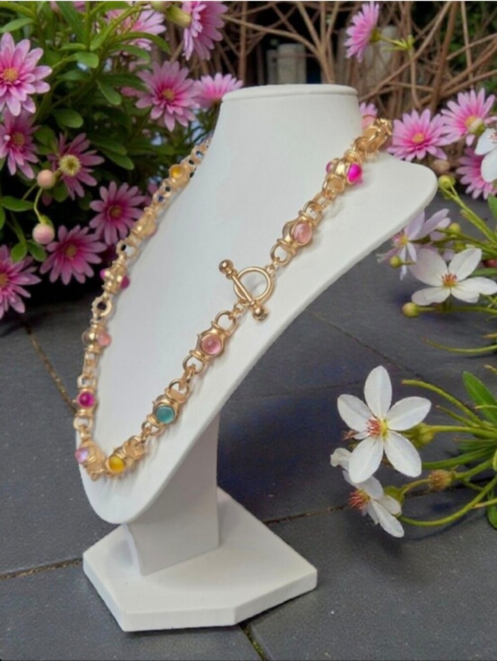 18k Matte Gold Byzantine Frosted Pastel Cabochon Toggle Necklace - Picture 4 of 5